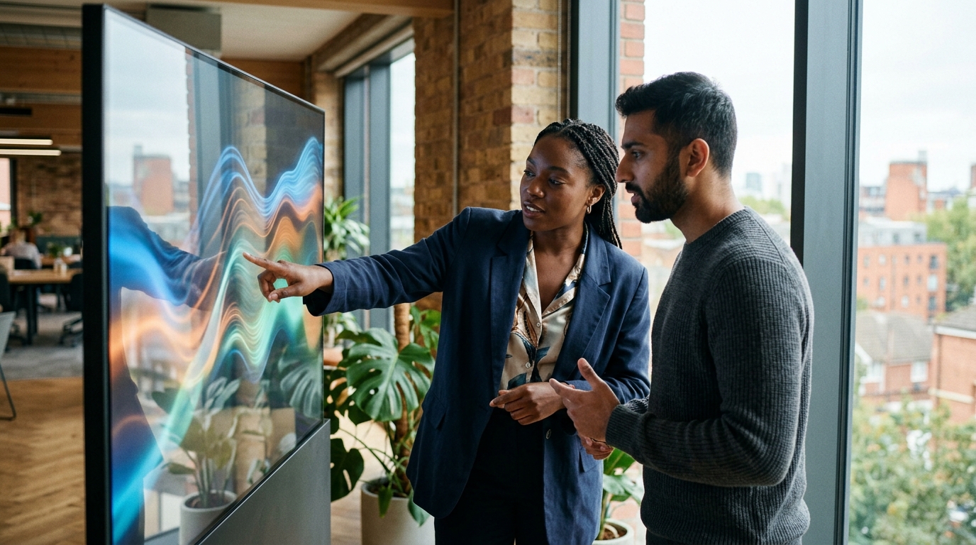 A diverse team of marketing strategists in a modern office collaborating around a large interactive screen displaying AI-driven data visuali