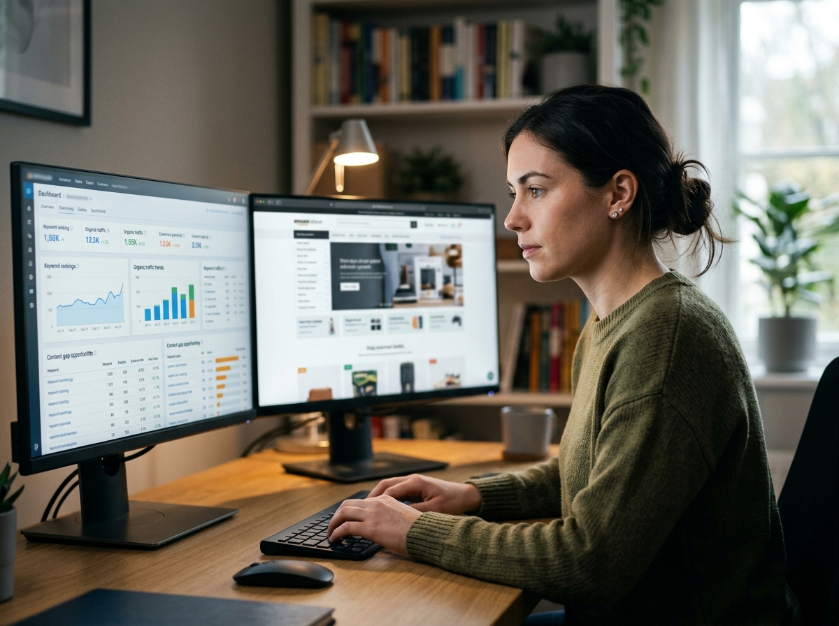 An SEO specialist analyzing real-time competitor data on a dual-monitor setup, with an AI-powered dashboard showing content gap analysis.