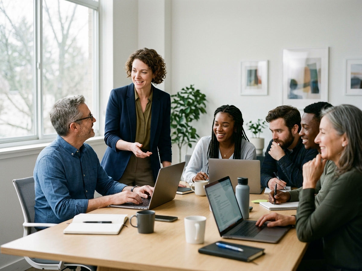 A marketing manager leading a workshop to upskill her team on using new AI content generation tools, fostering a collaborative learning envi