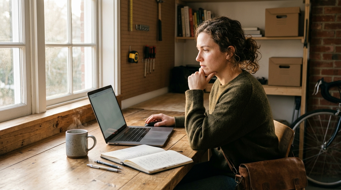 A focused small business owner planning their SEO content strategy on a laptop.