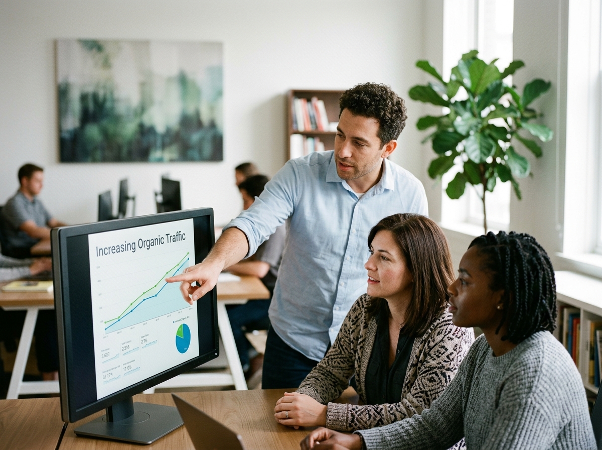 A team of digital marketers analyzing a graph showing successful organic traffic growth.