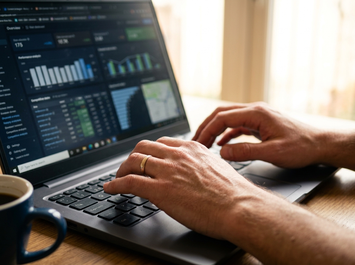A content strategist's hands typing on a laptop with SEO competitor analysis data visible on the screen.