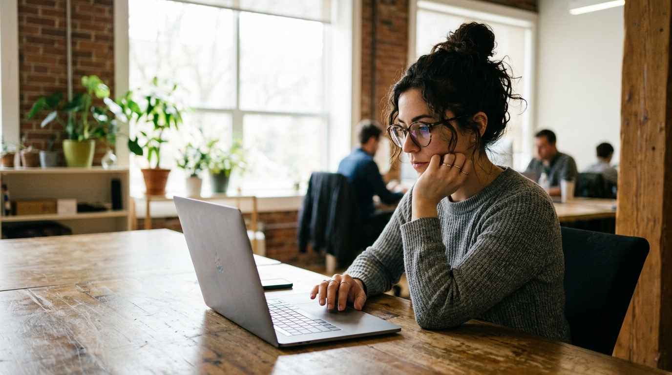 A content strategist analyzing an article's SEO performance on a laptop in a bright, modern office.