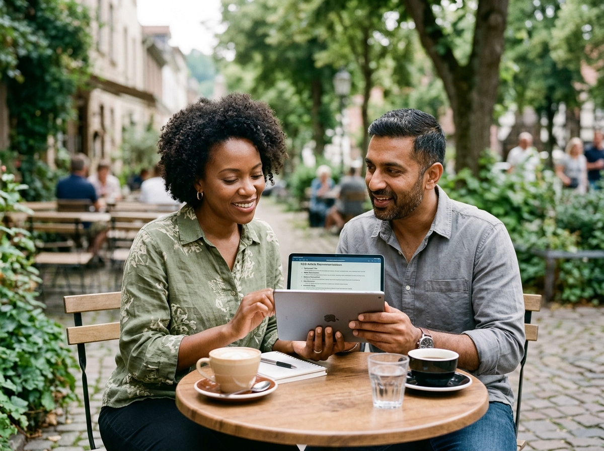 Two small business owners collaborating on a content optimization plan using a tablet.