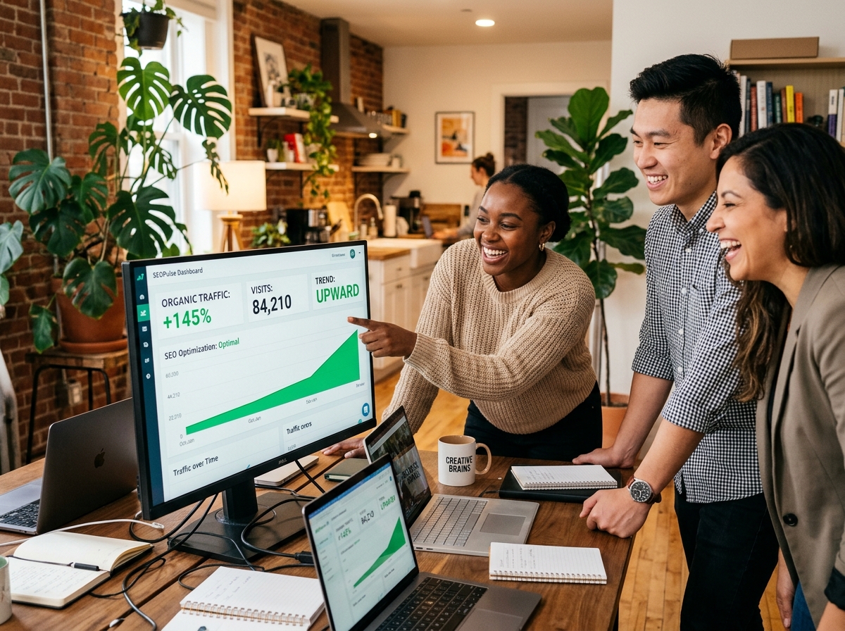 A startup team celebrating a successful content launch as they look at a large monitor showing increased traffic graphs.