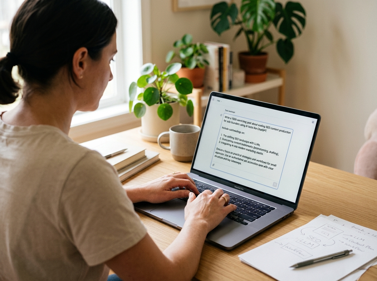 A solo founder typing a detailed prompt into a laptop in a home office.