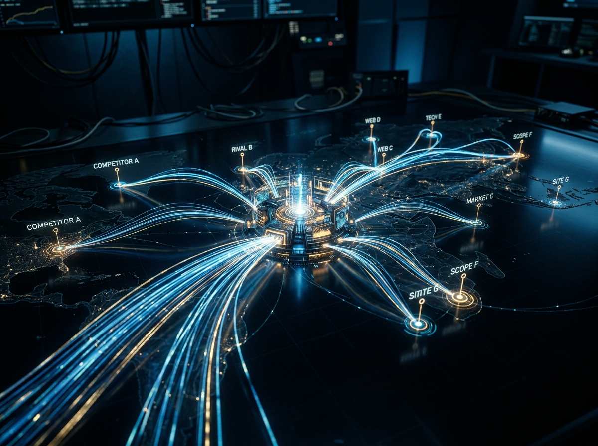 An abstract visualization of real-time competitor analysis for SEO.