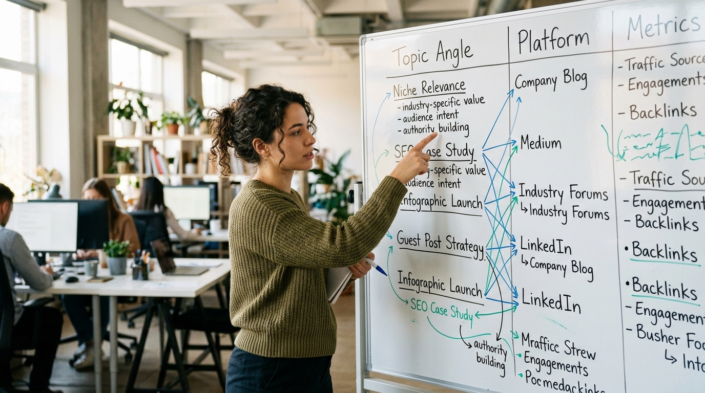 A content marketer strategically planning an article submission campaign on a large whiteboard.
