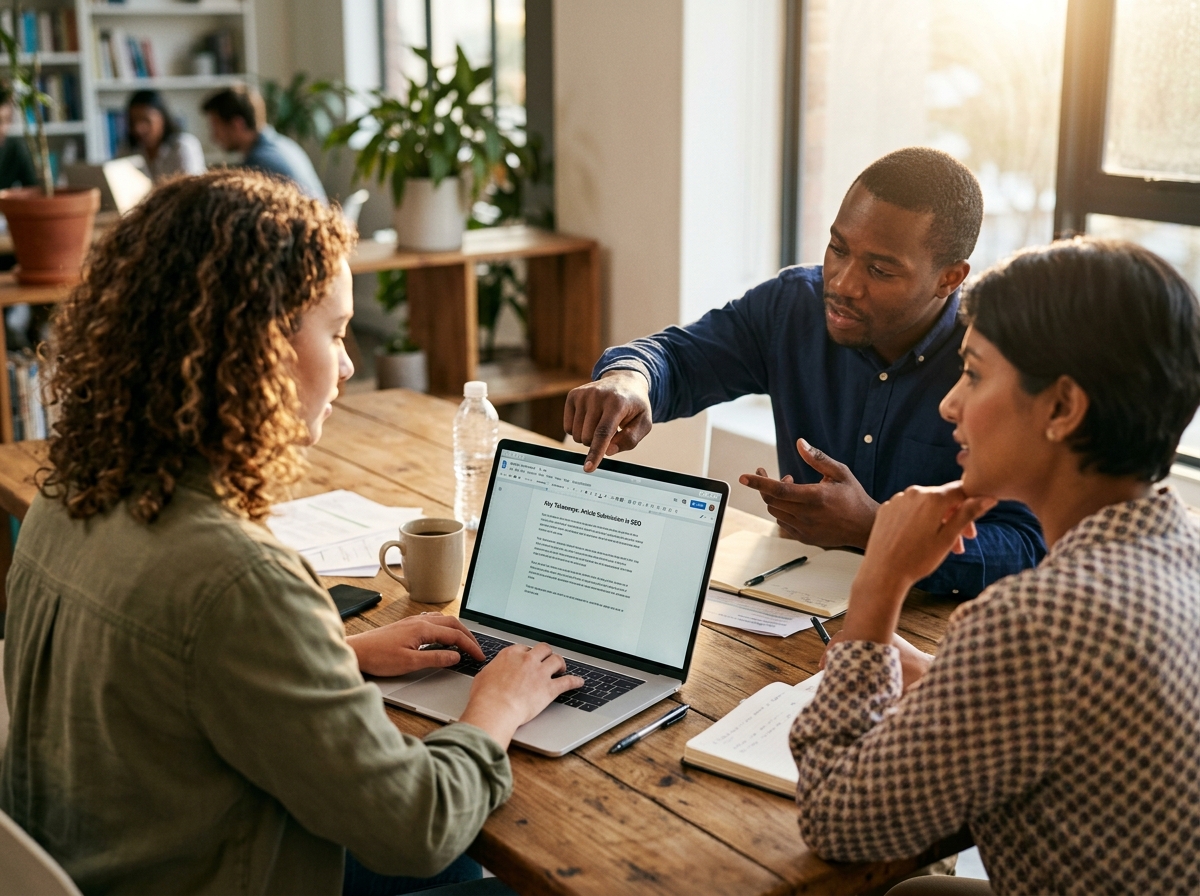 A group of diverse professionals collaborating on a high-quality article for submission.
