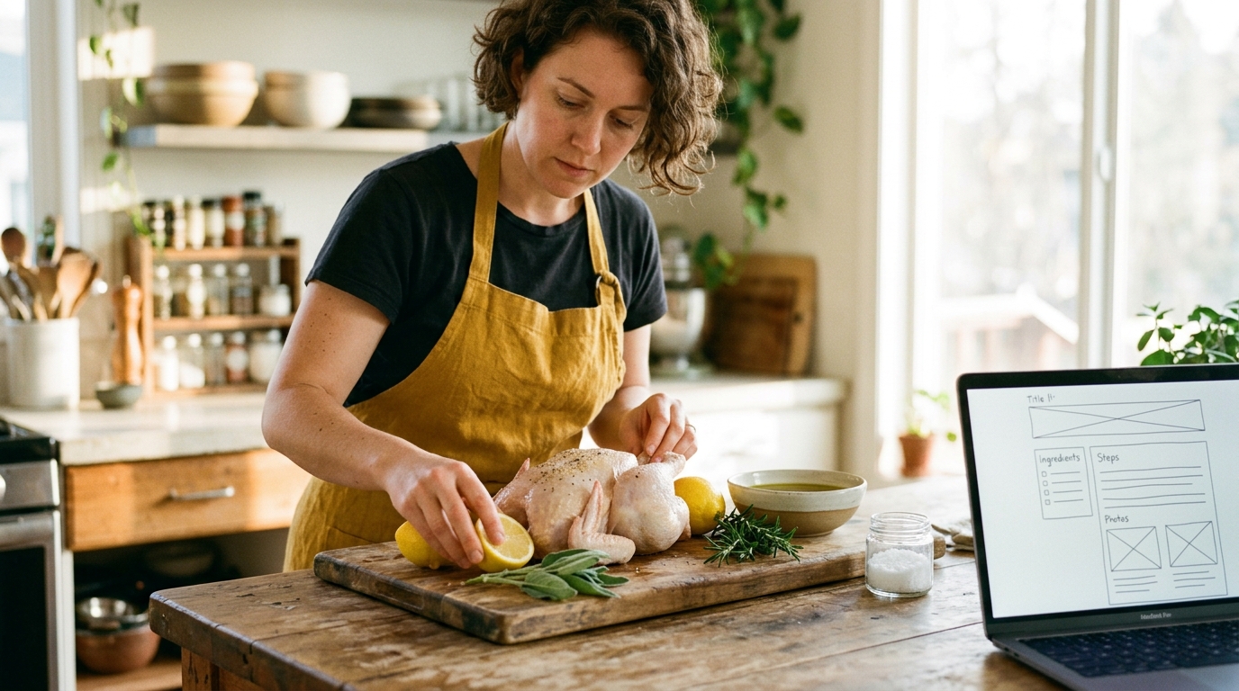 A food blogger thoughtfully arranging ingredients for a recipe photo shoot in a sunlit kitchen.