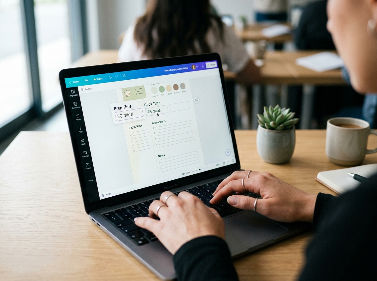 Close-up of a content creator's hands editing a digital recipe card on a laptop.