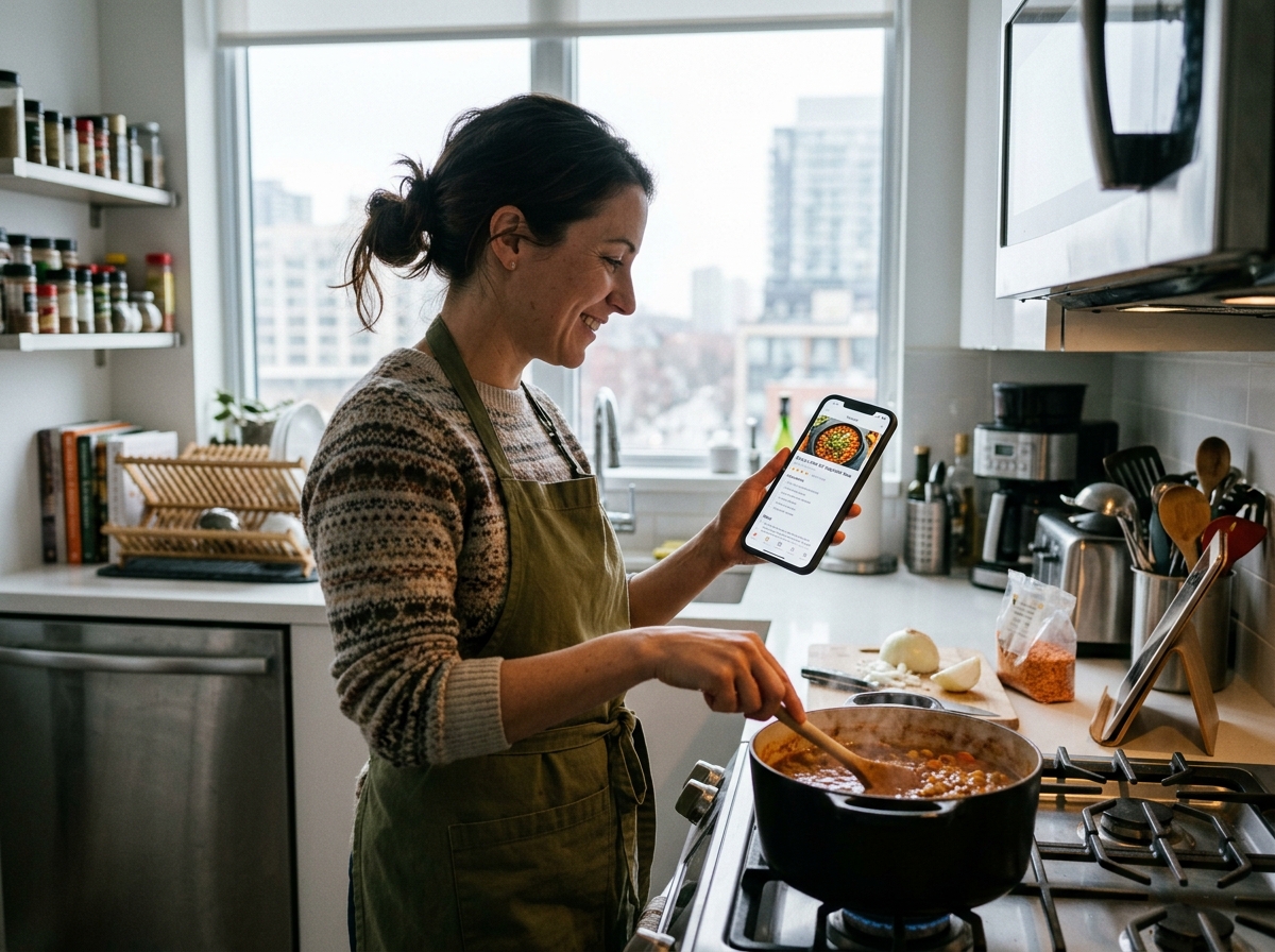 A person happily looking at a recipe on their smartphone while cooking in a modern kitchen.
