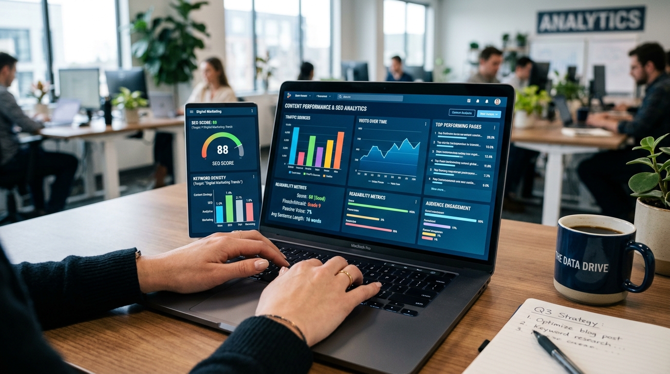 A digital marketing expert analyzing content performance on a dashboard with complex graphs and metrics.