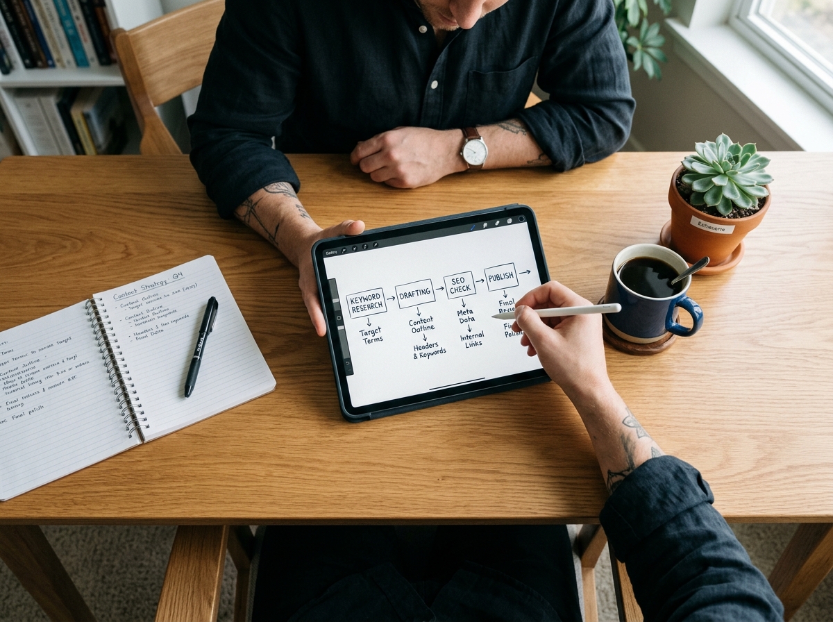 A content strategist mapping out an SEO workflow on a digital tablet at a clean, organized desk.