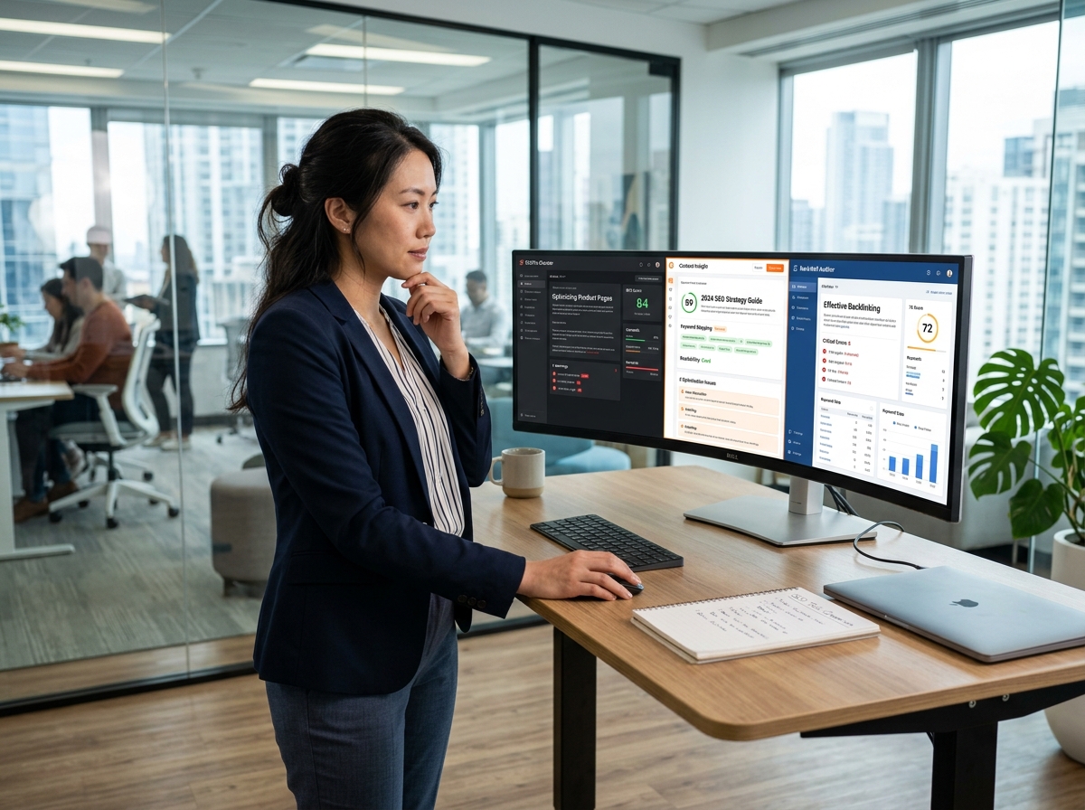 A business owner thoughtfully comparing different SEO content checker tools on a large computer monitor.