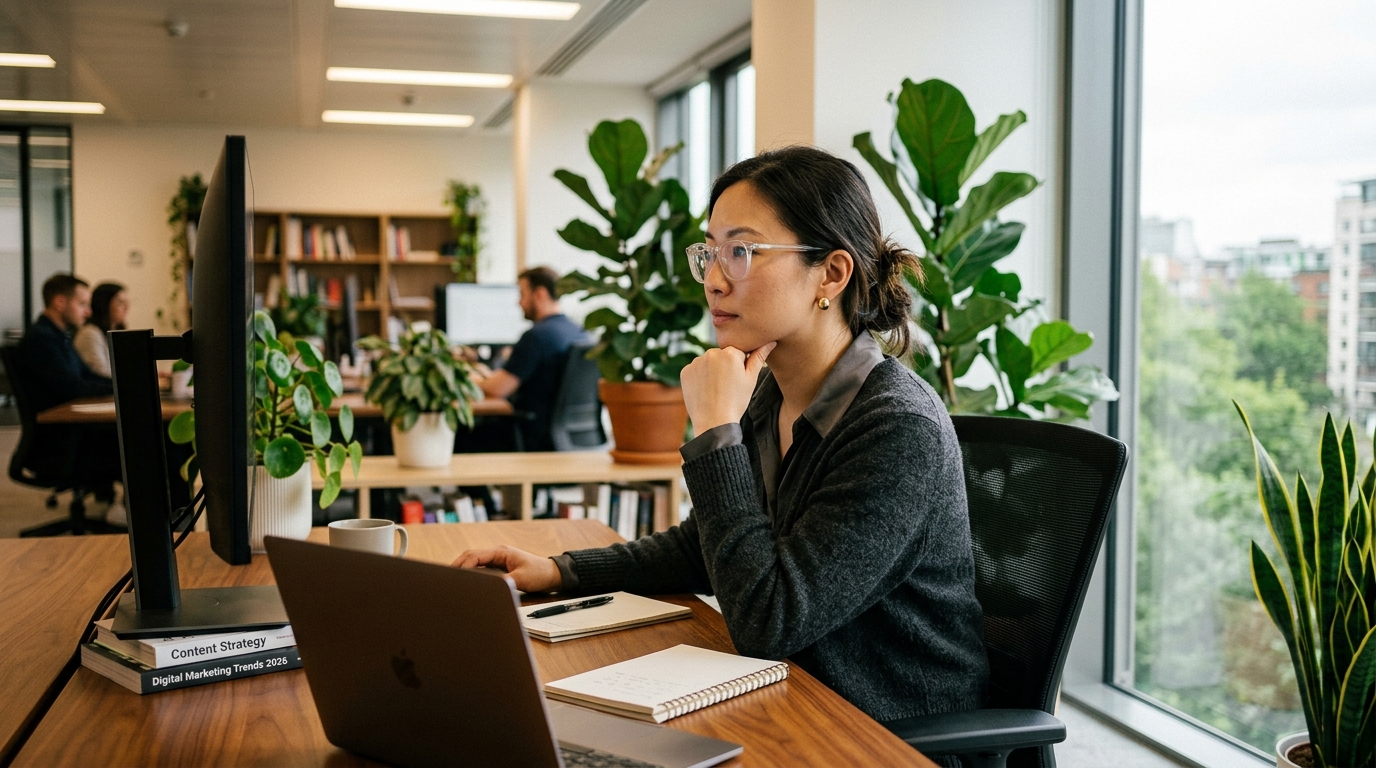 A content strategist thoughtfully reviewing SEO analytics on a large monitor in a modern, sunlit office.