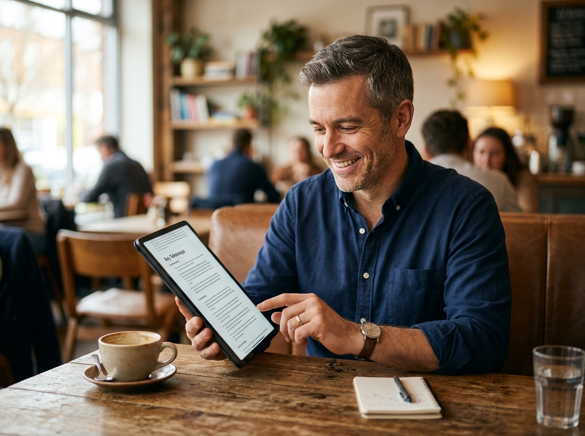 A small business owner smiling as he reviews a newly completed article on a tablet in a cozy cafe.