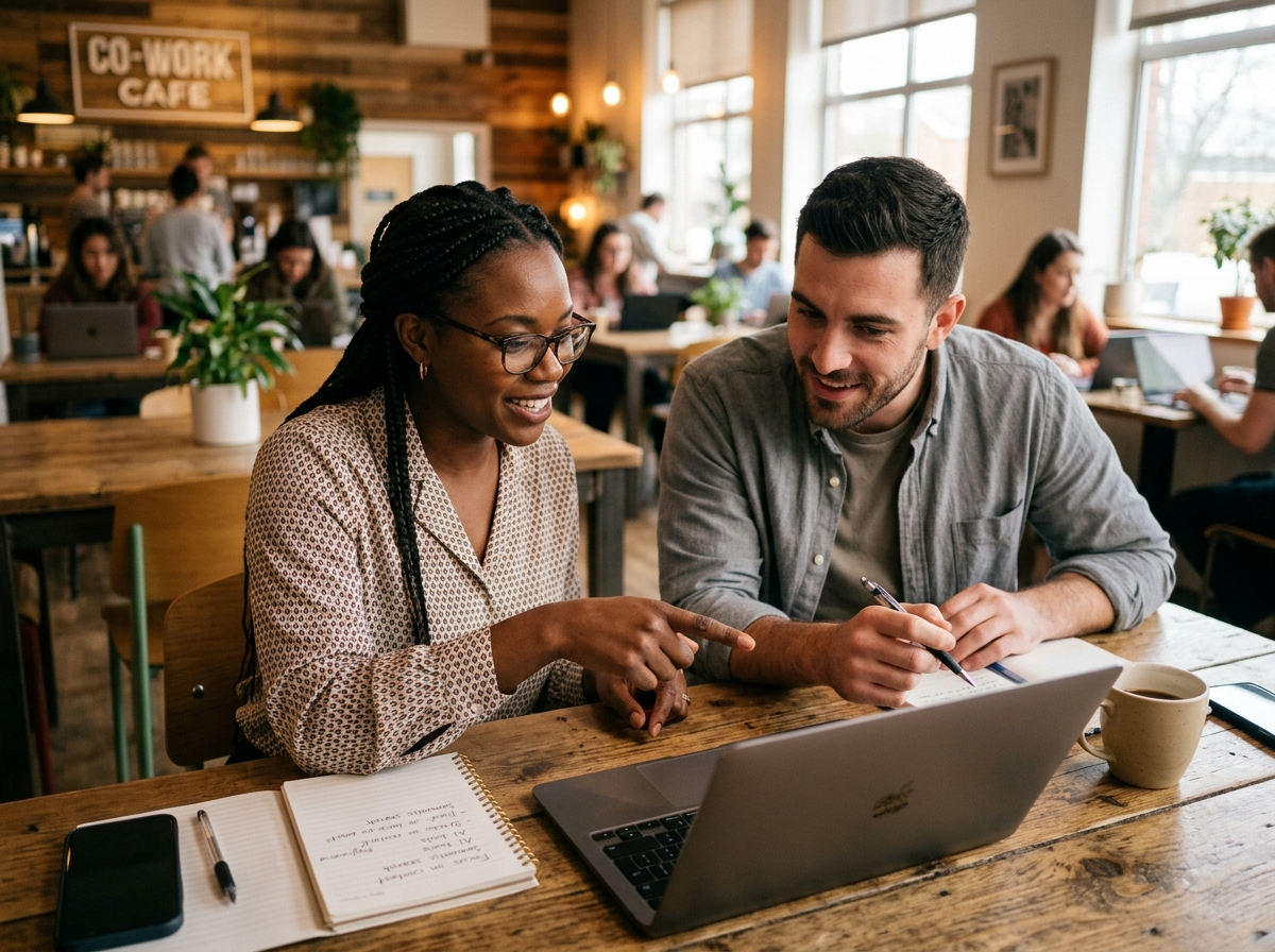 Two content professionals collaborating over an AI-generated article draft on a computer screen.