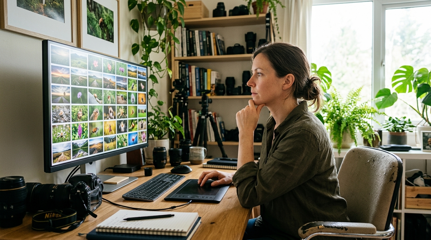 A microstock photographer in their home studio analyzing a grid of images on a large monitor.