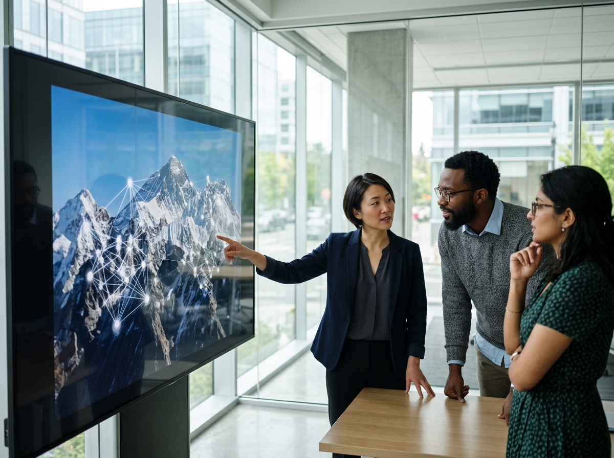 A team of data scientists collaborating around a screen showing AI image recognition technology at work.