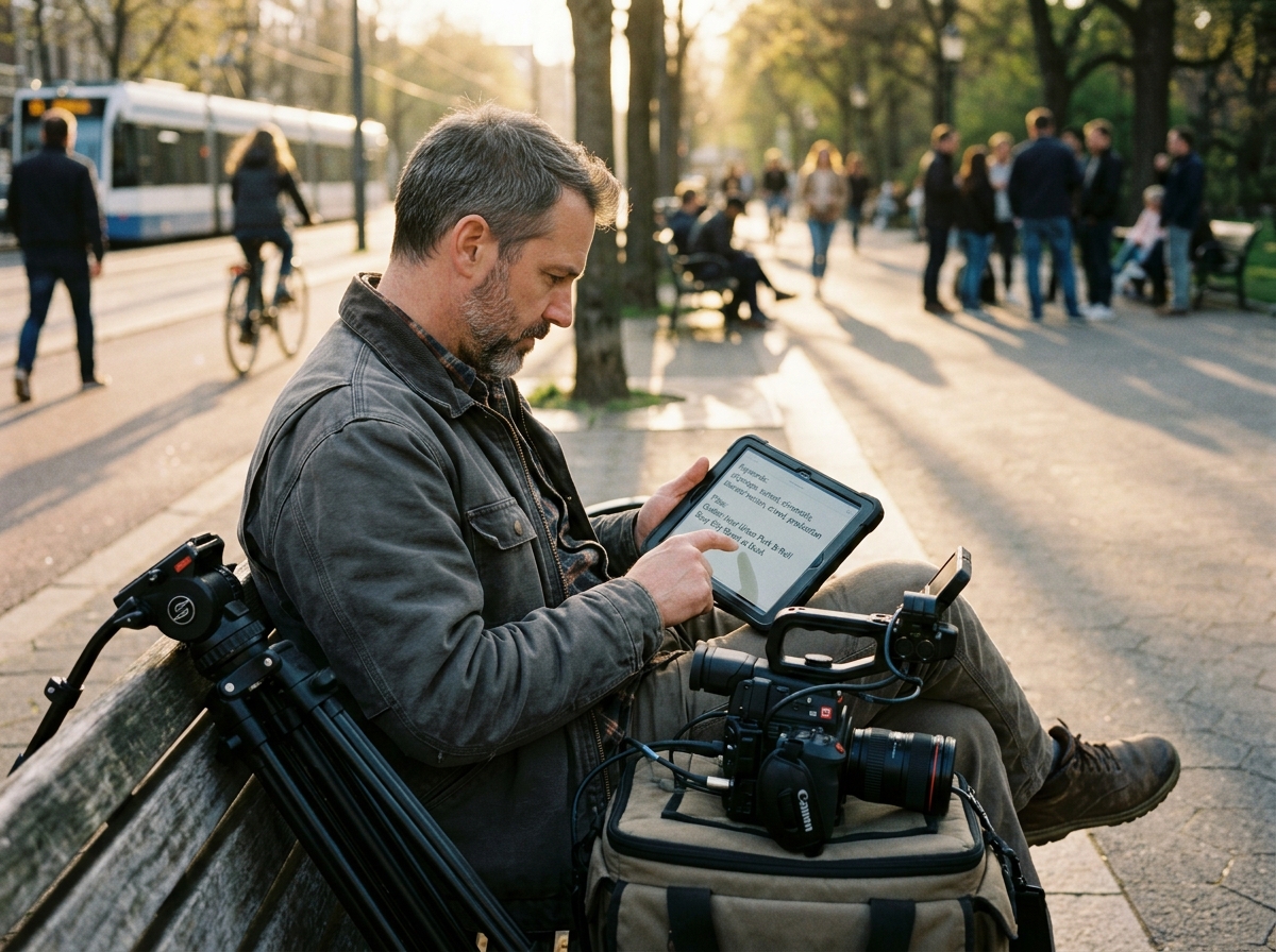 A freelance videographer on location using a tablet to review AI-generated metadata for a video clip.