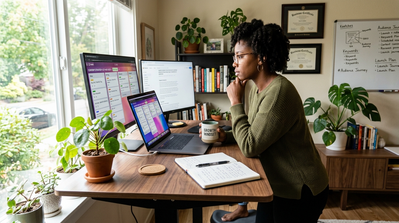 A solo entrepreneur at a standing desk in a bright home office, focused on a laptop displaying a content calendar.