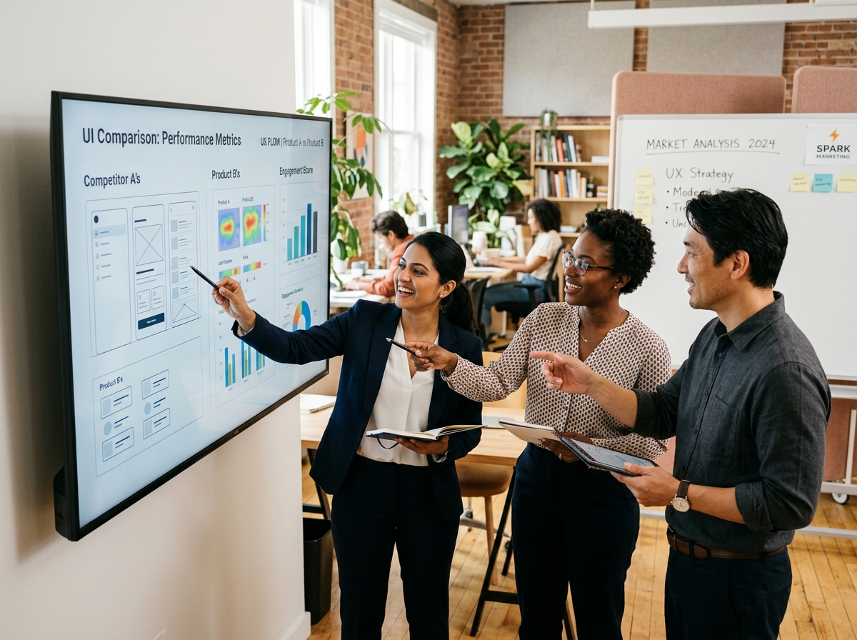 A small marketing agency team collaborating around a large monitor, comparing different SEO content tools.