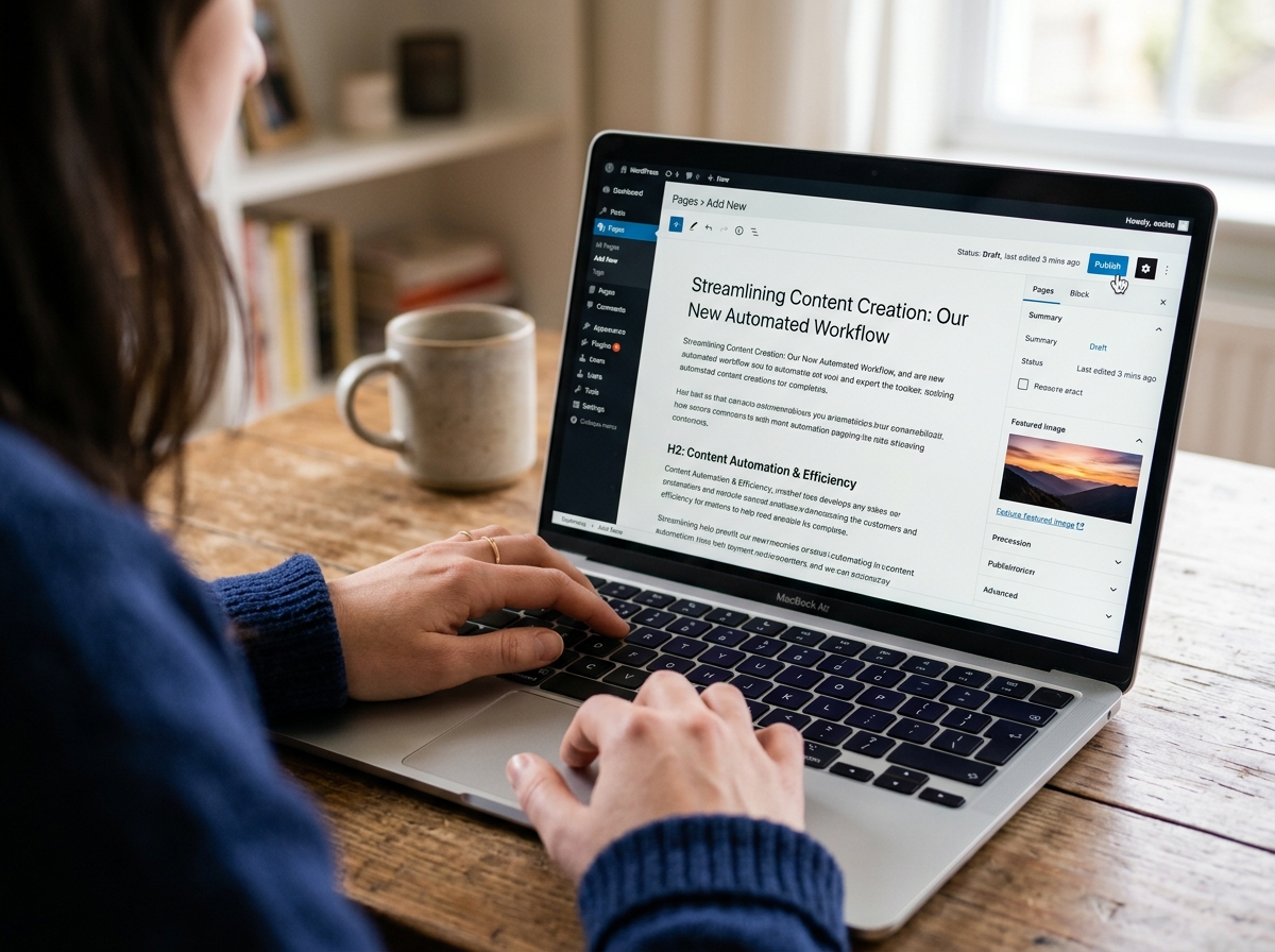 A close-up of a person's hands clicking 'publish' on a laptop, with a WordPress dashboard visible on the screen.