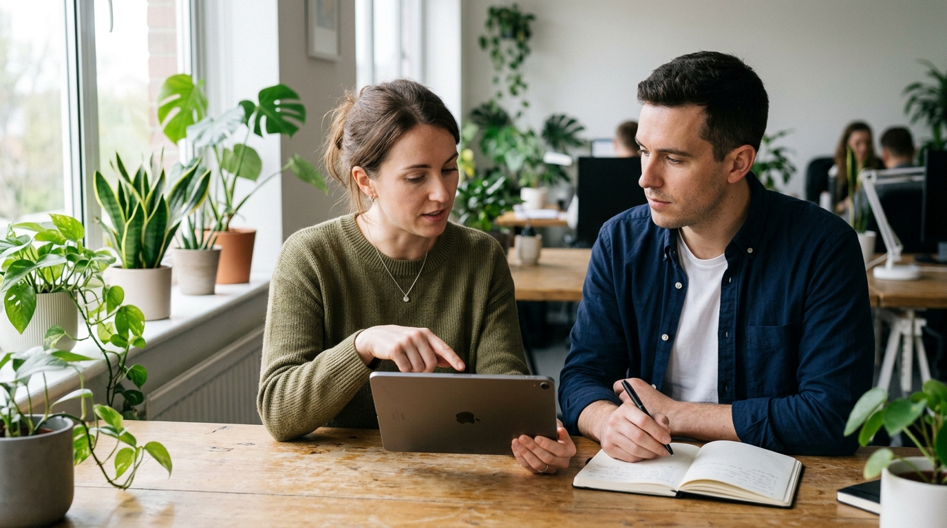 A content strategist and a writer collaborating over a detailed content brief on a tablet in a bright, modern office.