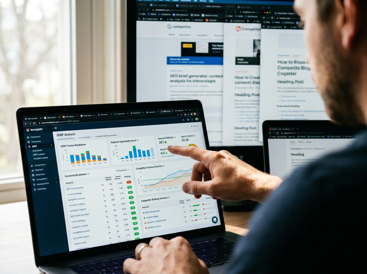 A close-up of a marketing professional pointing at a screen showing SERP analysis data.