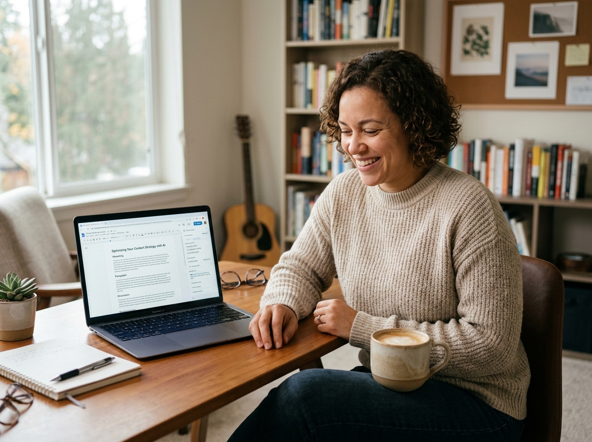 A solo founder looking relieved while reviewing a fully generated SEO article on their laptop in a home office.