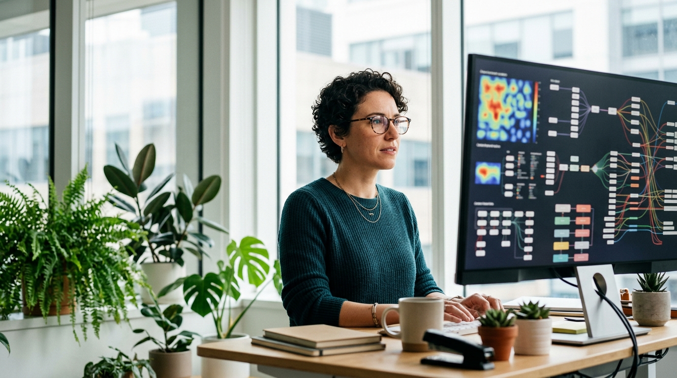 A content strategist thoughtfully reviewing SERP analysis data on a large monitor in a modern office.