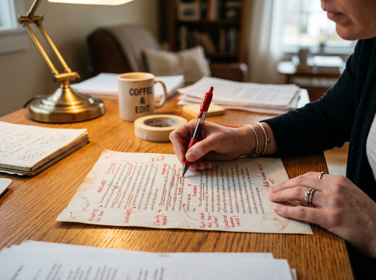 Close-up of an editor's hands marking up an AI-generated article draft with a red pen.