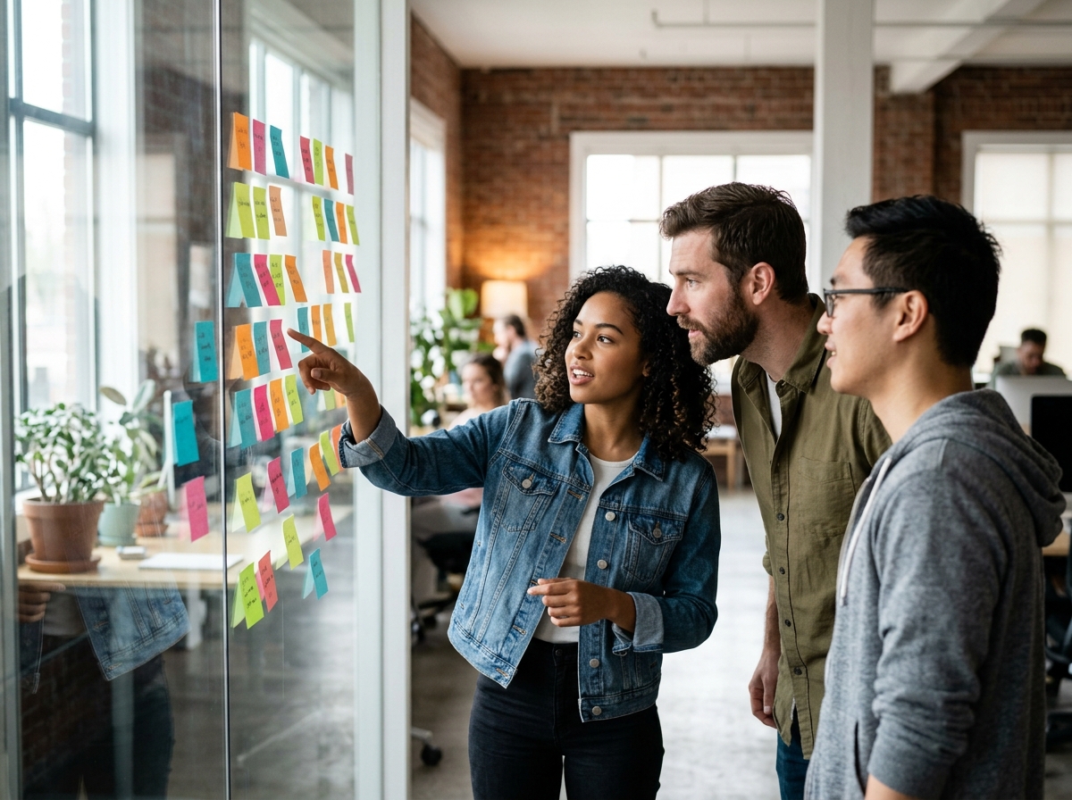 A small, diverse team collaborating on a content workflow on a glass wall with sticky notes.
