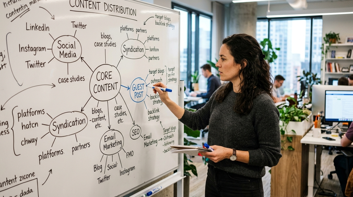 A content strategist planning a content distribution strategy on a whiteboard.