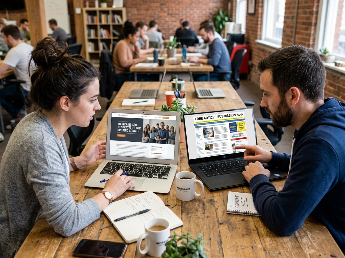 Digital marketers comparing a high-quality blog post with a spammy article directory on their laptops.
