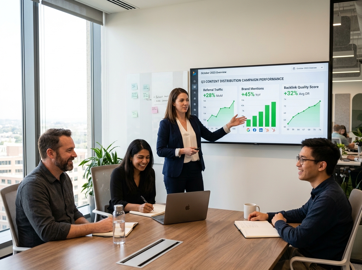 An analyst presenting a dashboard showing positive referral traffic and backlink growth from a content distribution campaign.