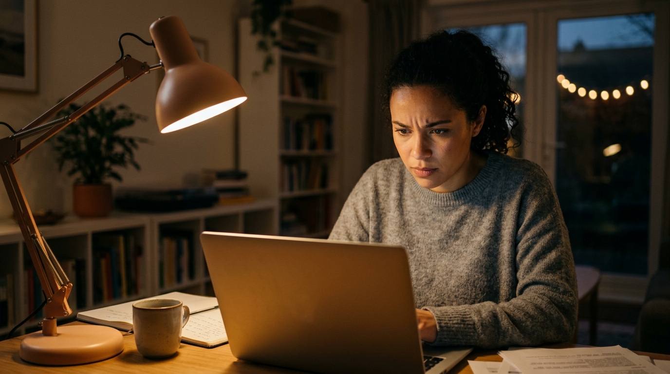 A solo website founder focused on their laptop screen in a modern home office at night, analyzing complex data charts related to SEO perform