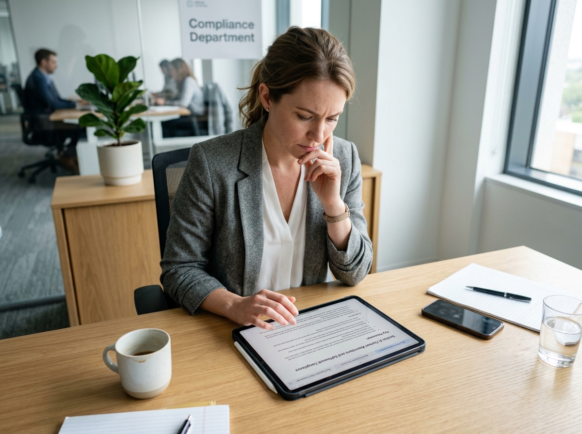 A small business owner carefully reviewing a compliance document on a tablet in a well-lit, professional office setting.