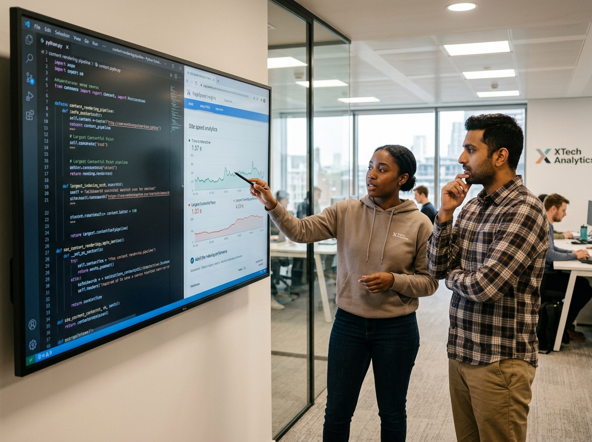 A web developer and a content strategist collaborating in front of a large monitor showing website code and analytics, discussing technical 