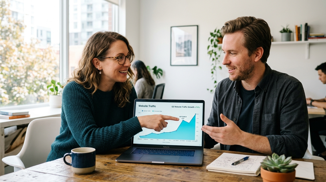 A content strategist and a small business owner reviewing upward-trending traffic graphs on a laptop in a bright, modern office.