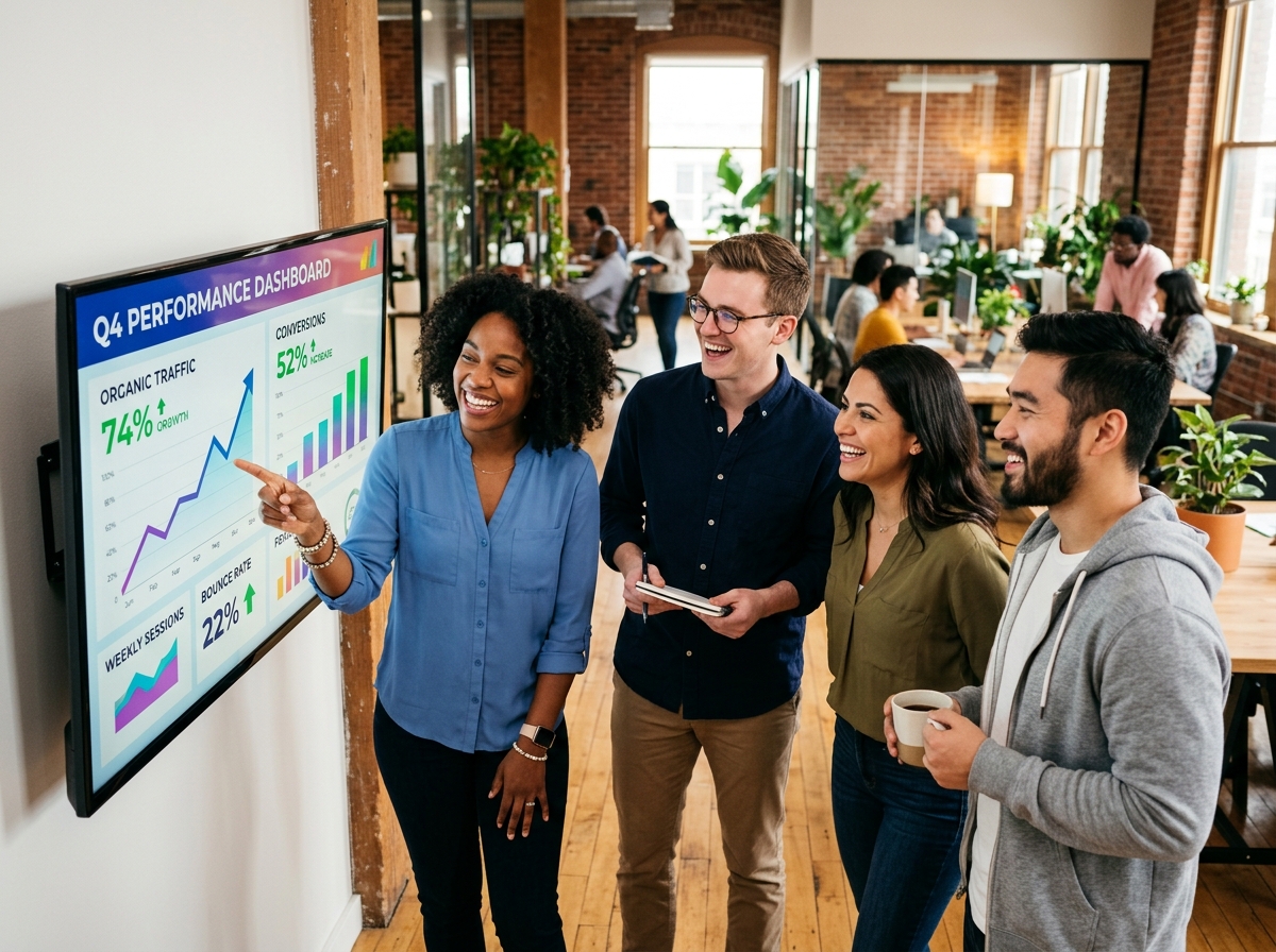 A marketing team in a startup office gathered around a large monitor displaying an analytics dashboard with upward-trending organic traffic 