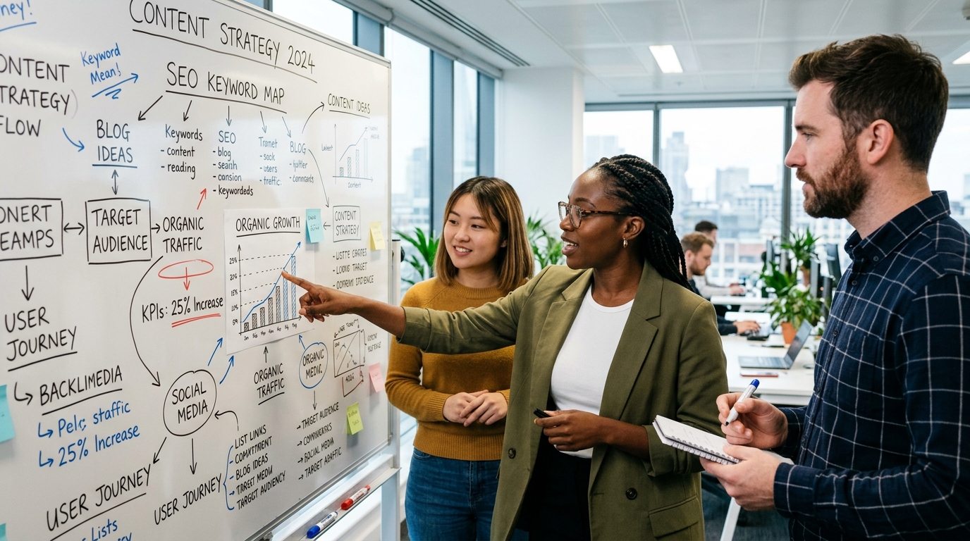 Une équipe marketing collaborative analysant des données SEO sur un tableau blanc dans un bureau moderne et lumineux.