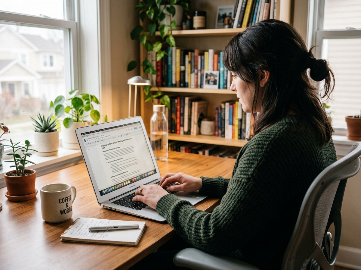 Un rédacteur SEO concentré écrivant un article sur son ordinateur portable dans un espace de travail calme.