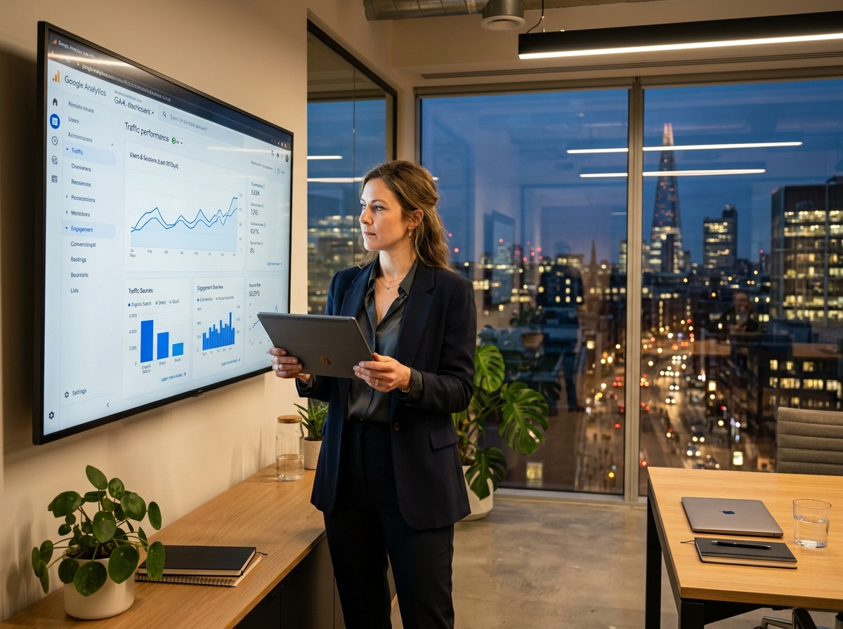 Un entrepreneur analysant les graphiques de performance de son trafic organique sur Google Analytics sur un grand écran.