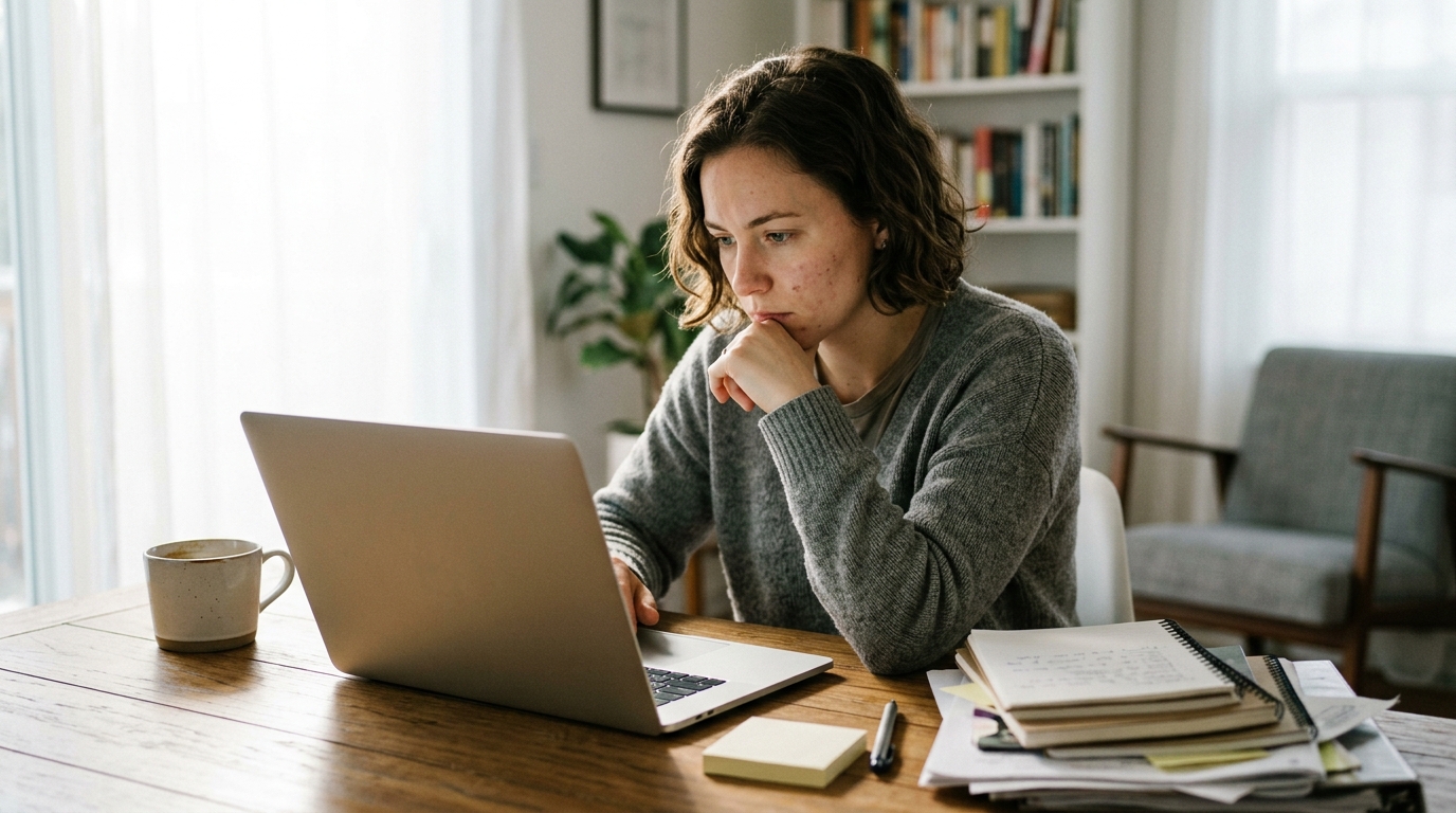 A content strategist focused on their laptop in a modern home office.