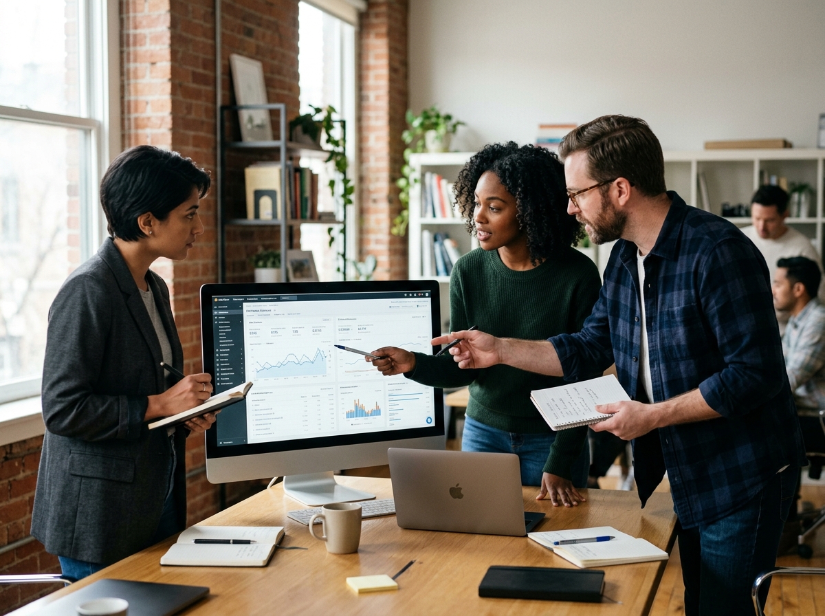A small agency team collaborating and comparing software on a large monitor.