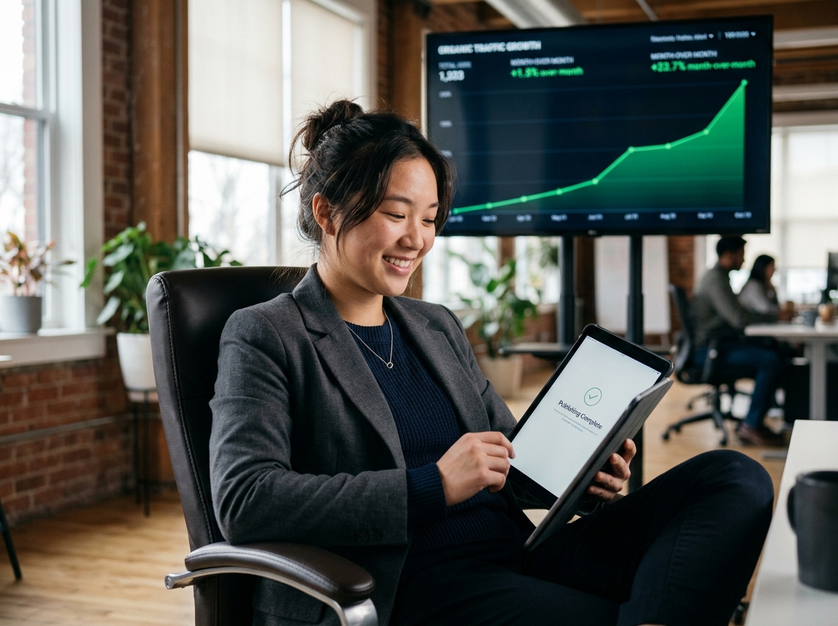 A startup founder smiling at a tablet showing a 'Publishing Complete' notification, with a growth chart in the background.