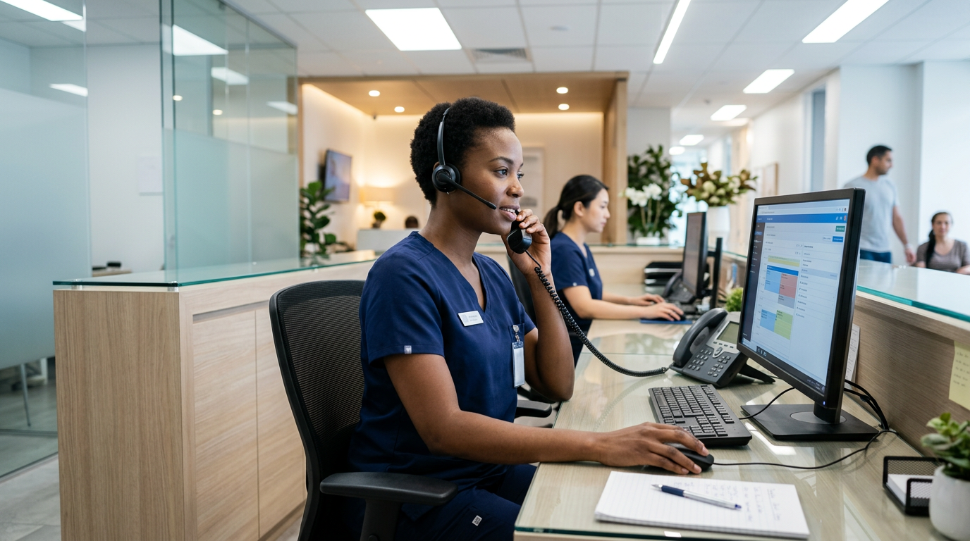 A professional dental triage nurse speaking on the phone at a modern dental clinic reception desk