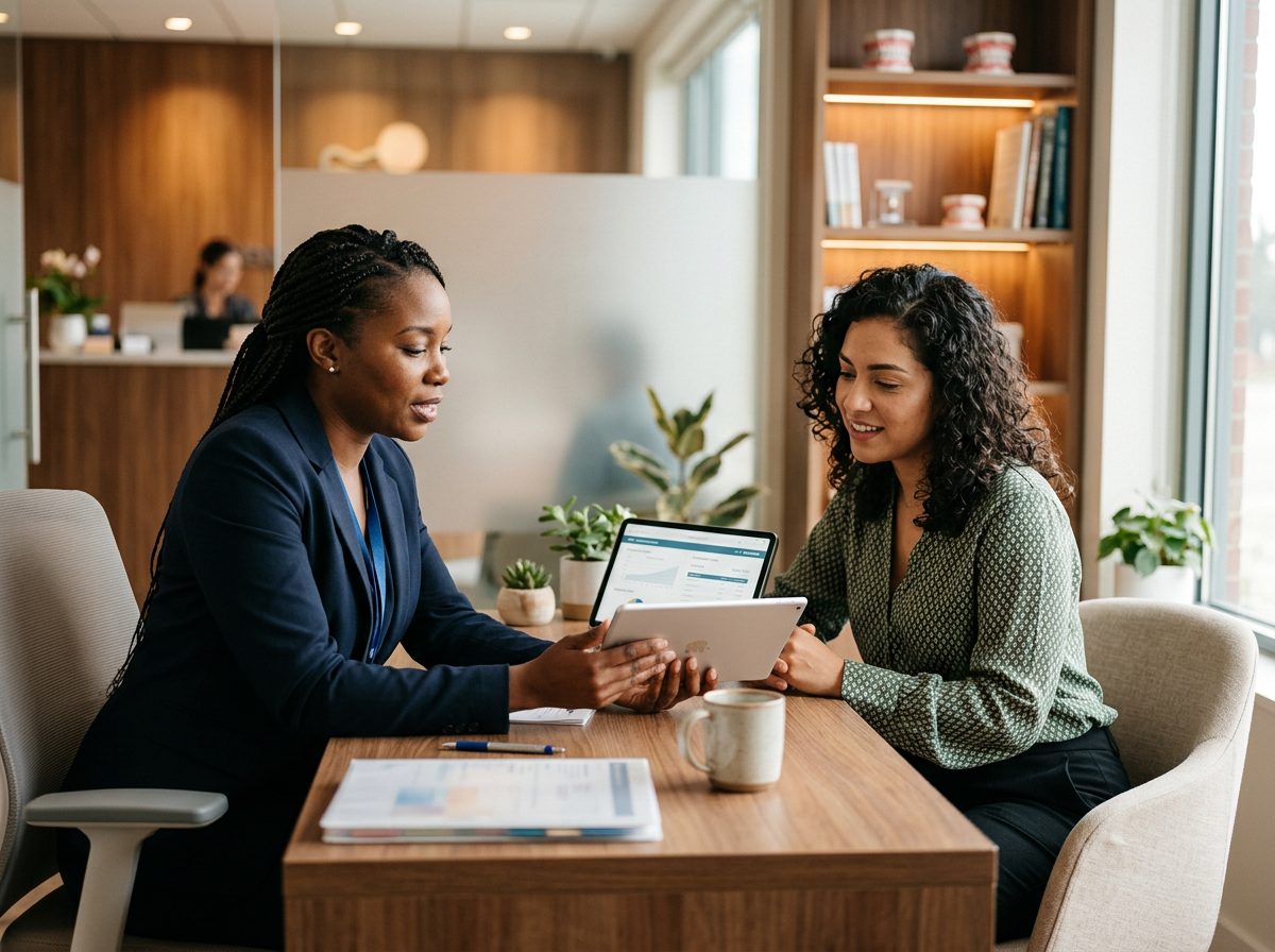 A patient and a dental clinic financial coordinator reviewing insurance documents on a tablet